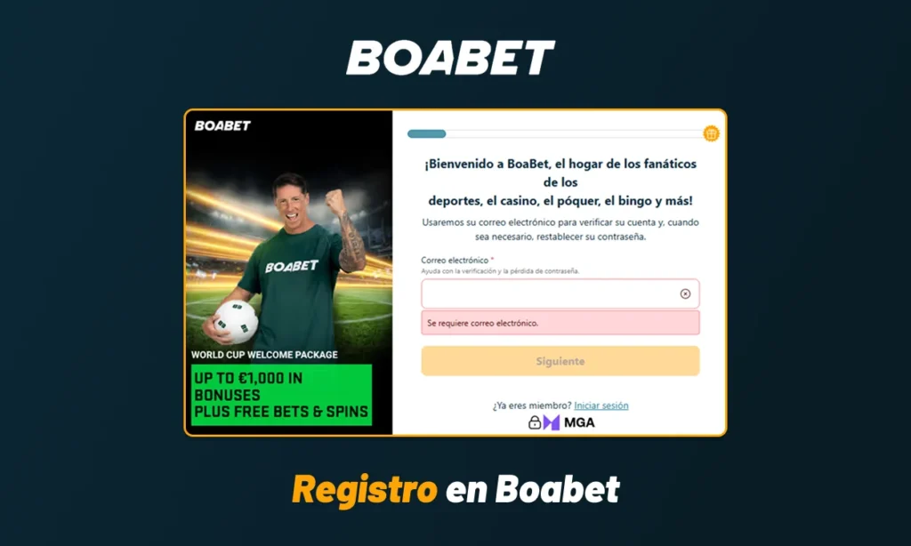 Página de registro de Boabet con formulario para crear una cuenta
