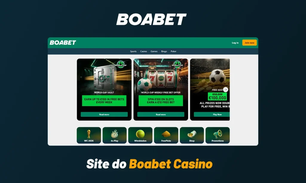 Página inicial do Boabet Casino com jogos e promoções em destaque